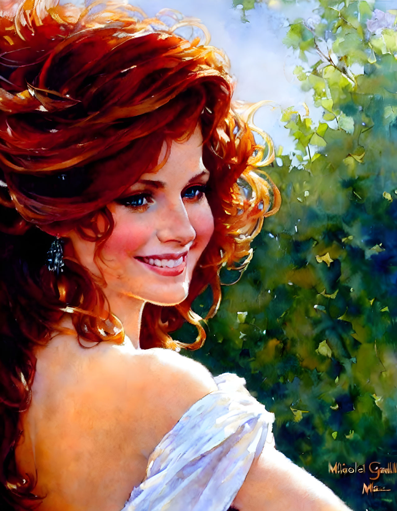 Smiling woman with red hair in white dress against sunny foliage