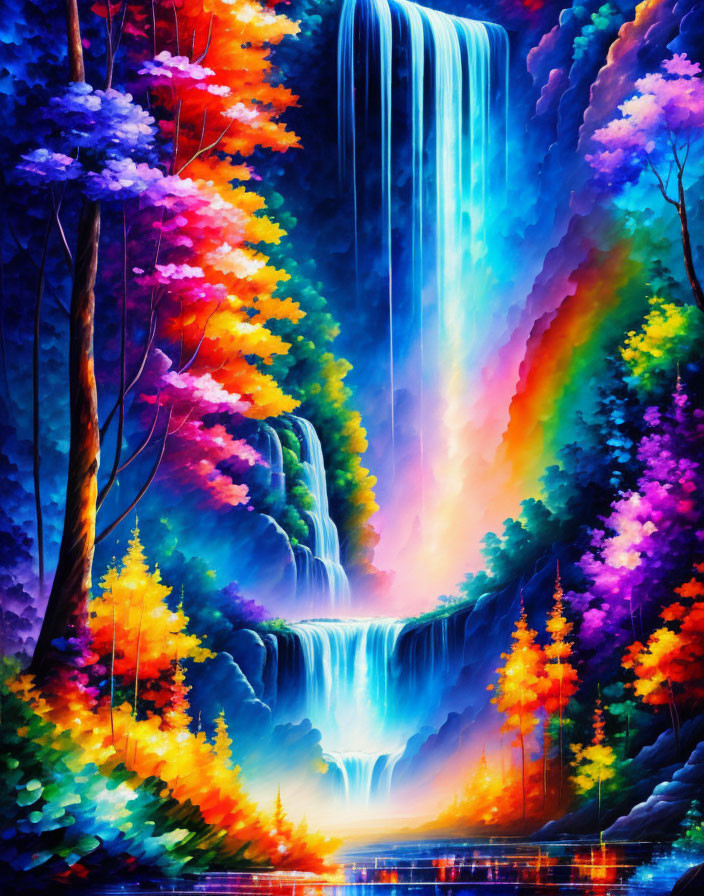 Colorful Cascading Waterfall Painting with Lush Rainbow Trees