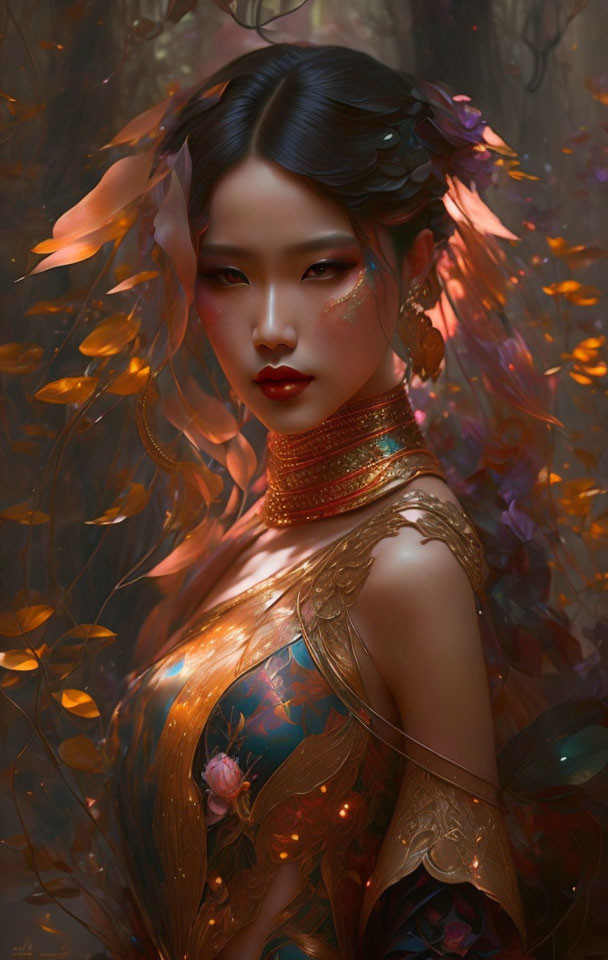 Ethereal makeup and traditional attire with golden leaves aura
