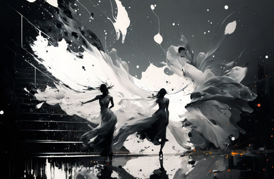 Silhouetted figures dancing in dynamic black and white splashes