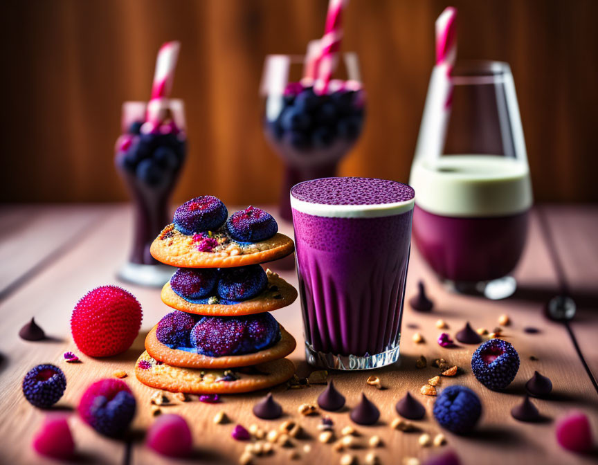 Colorful Berry Smoothies and Purple Cream Sandwiches Still Life on Wooden Surface