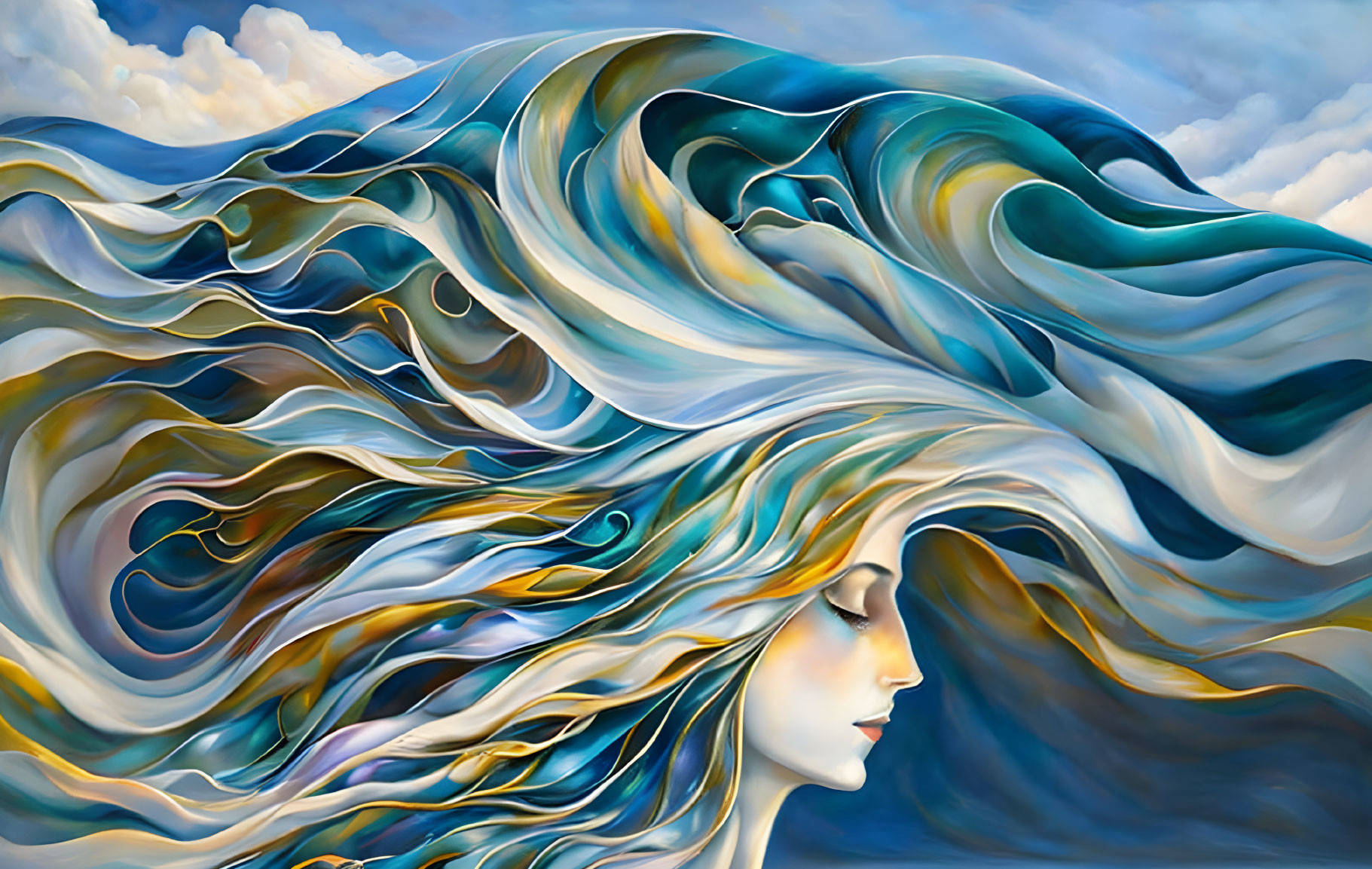 Surreal painting: Woman with flowing hair and stylized waves in blue, gold, and white