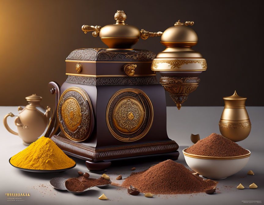 Traditional Indian Spice Box with Vibrant Spices on Dark Background