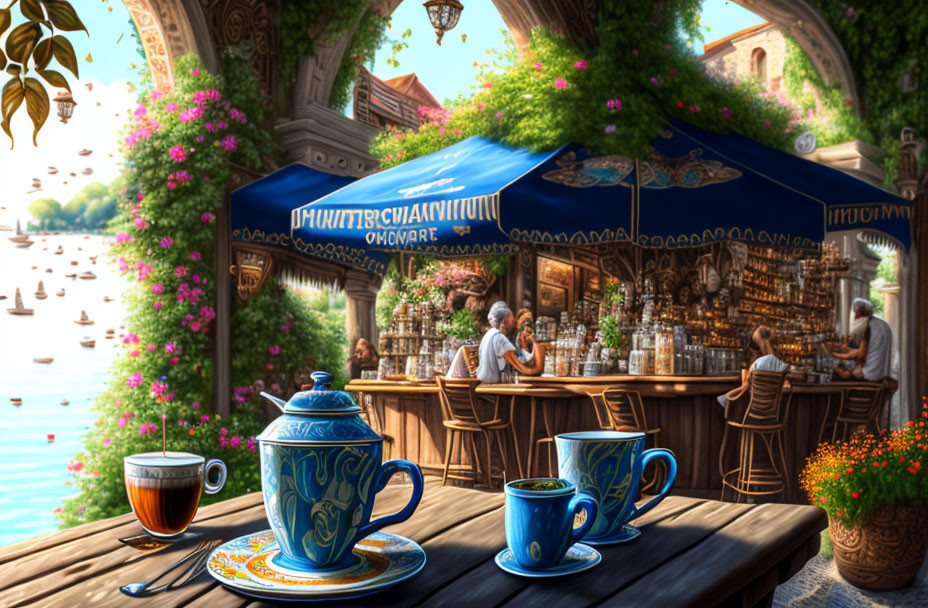 Scenic outdoor café by river with ornate architecture and blue-patterned tea service