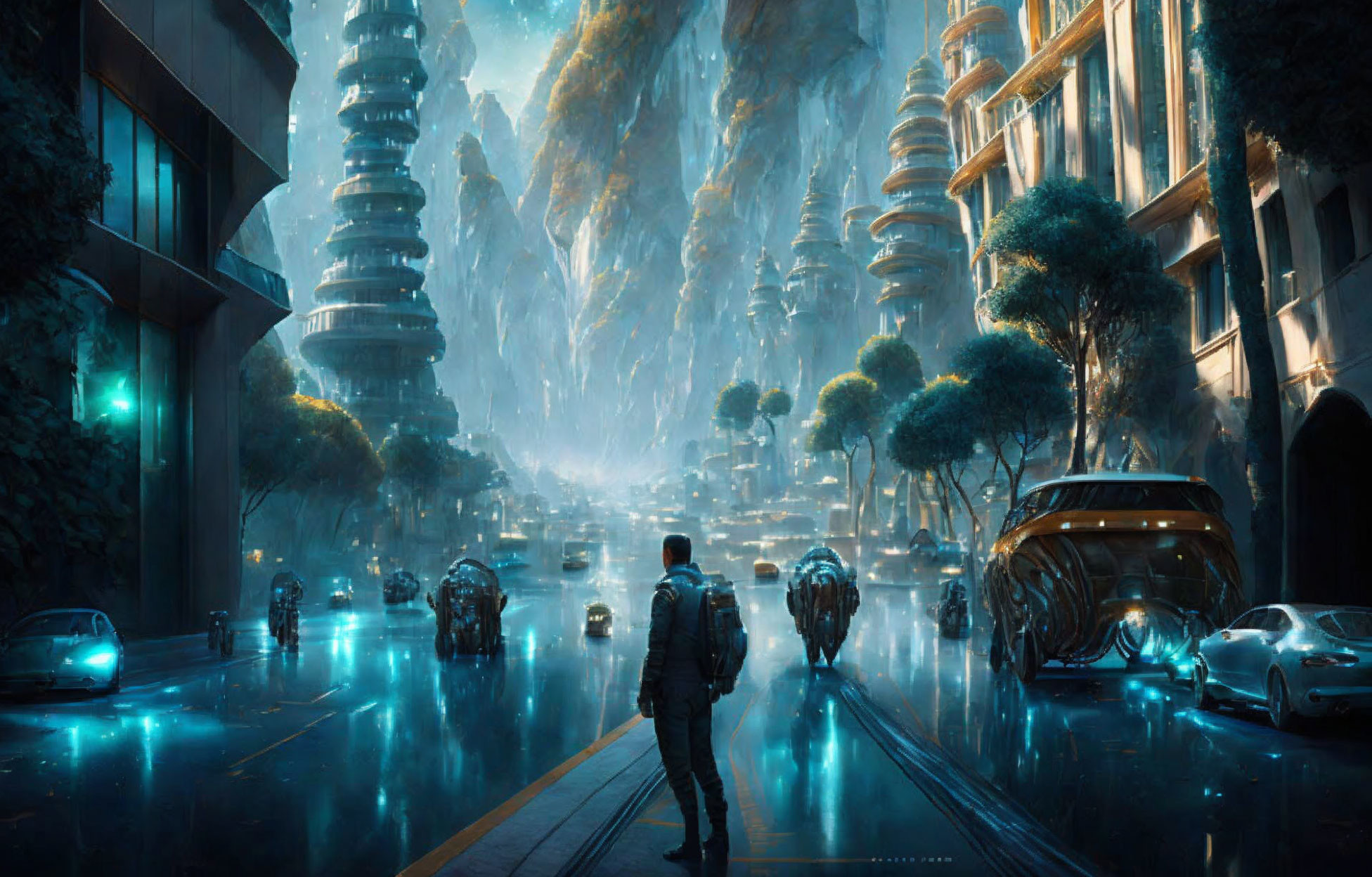 Futuristic city street with towering buildings and rock formations