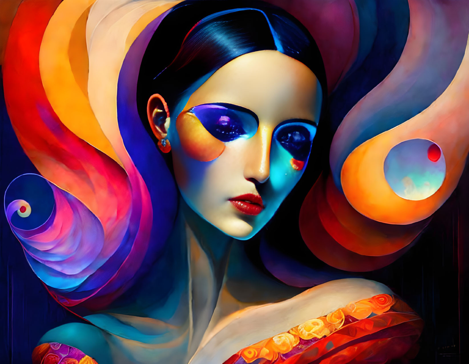 Vibrant Abstract Art: Woman with Flowing Shapes and Blue Eyeshadow