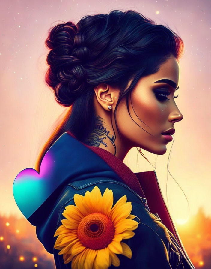 Detailed updo hairstyle, vibrant makeup, neck tattoo, sunflower, and heart graphic on a woman