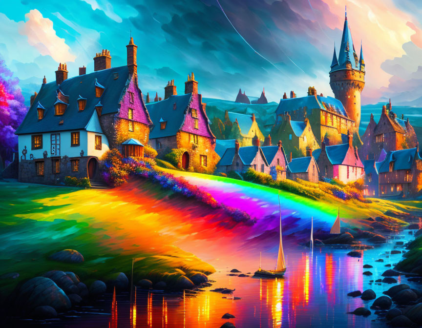 Colorful Rainbow Bridge Over Serene River in Vibrant Fantasy Landscape