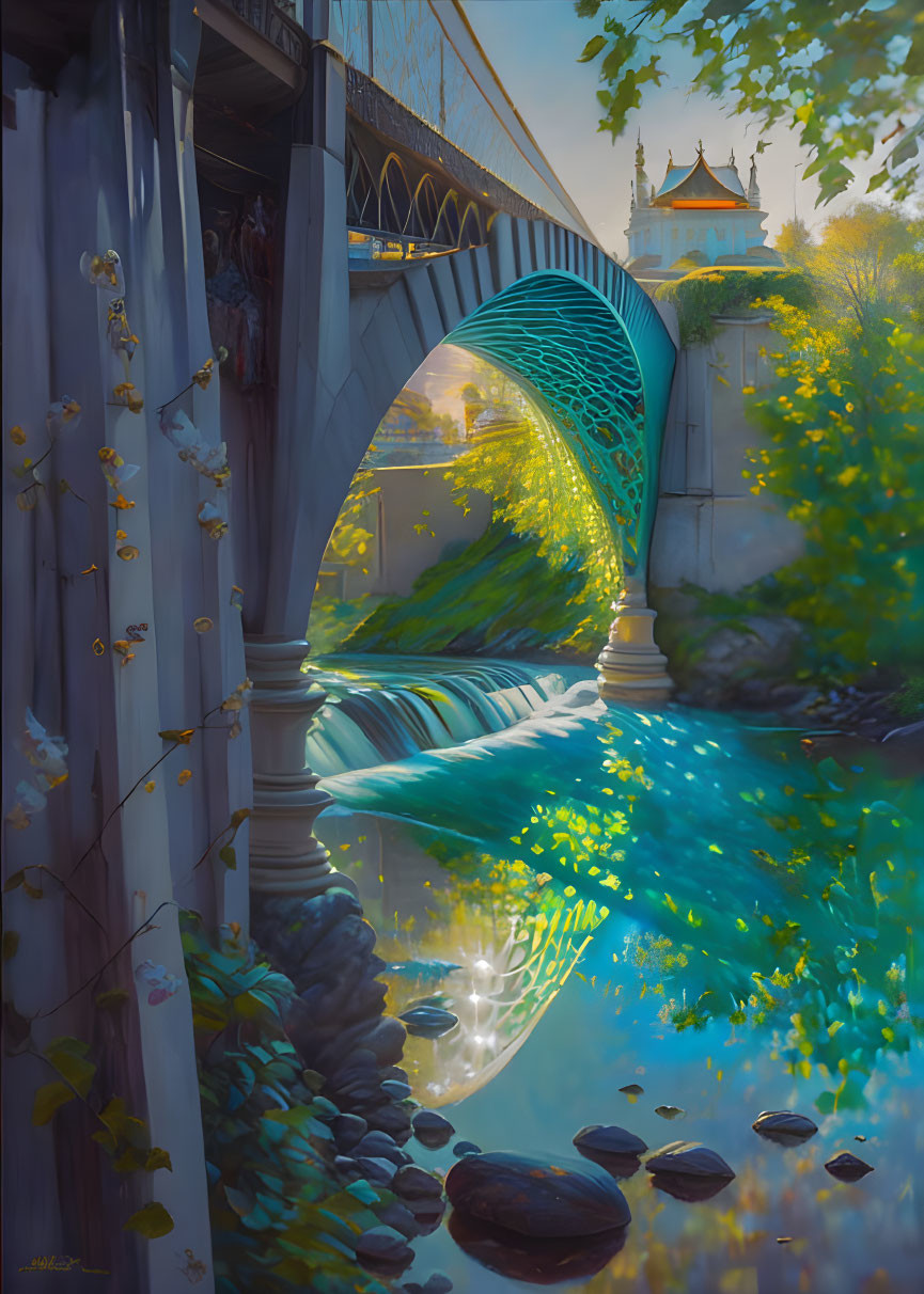 Tranquil river scene with arch bridge, blossoms, stones, and pagoda in lush setting