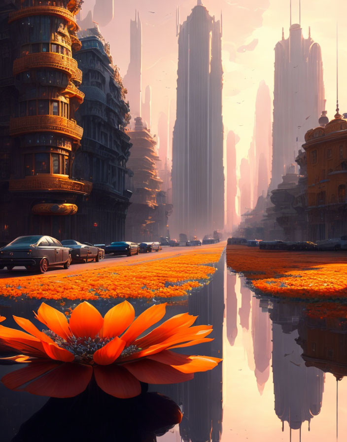 Futuristic cityscape with skyscrapers, golden trees, and orange flower