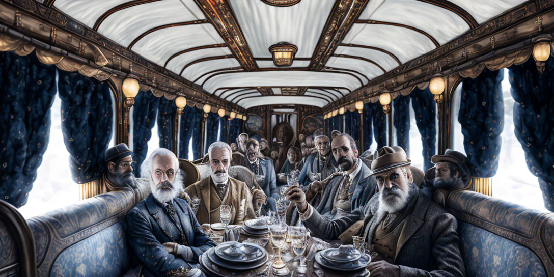 Vintage train carriage with ornate decor and affluent passengers dining and reflecting.