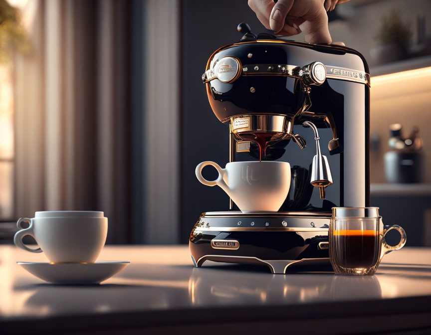 Sophisticated espresso machine pouring coffee into cup in home setting