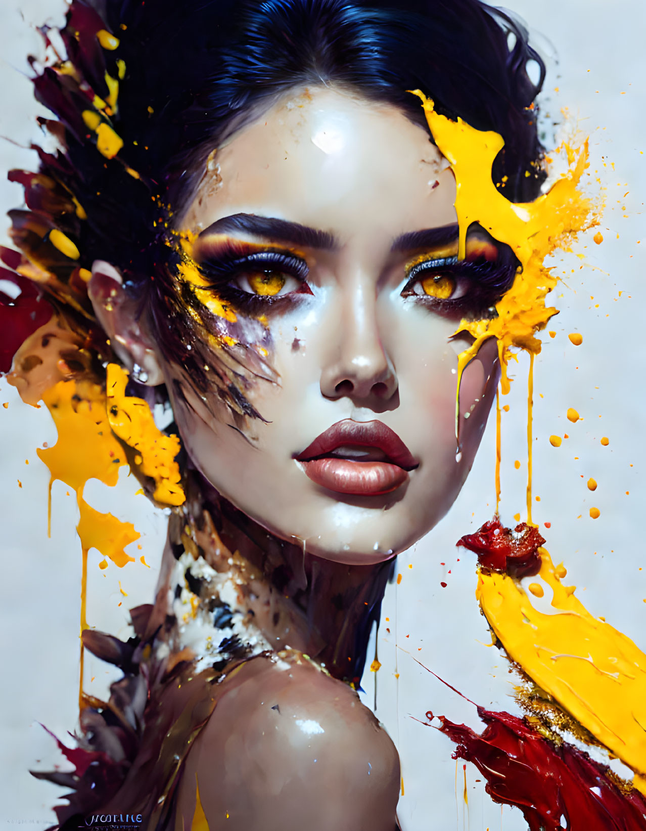 Vivid abstract digital portrait with dramatic makeup and colorful paint splashes