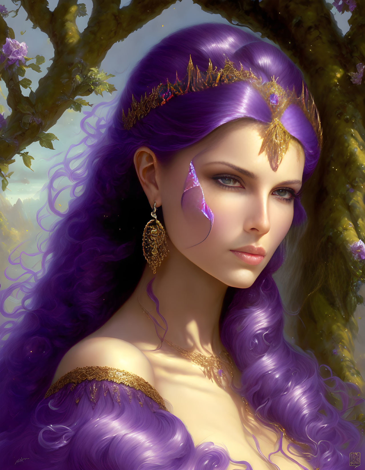 Portrait of Woman with Violet Hair, Blue Eyes, and Golden Tiara