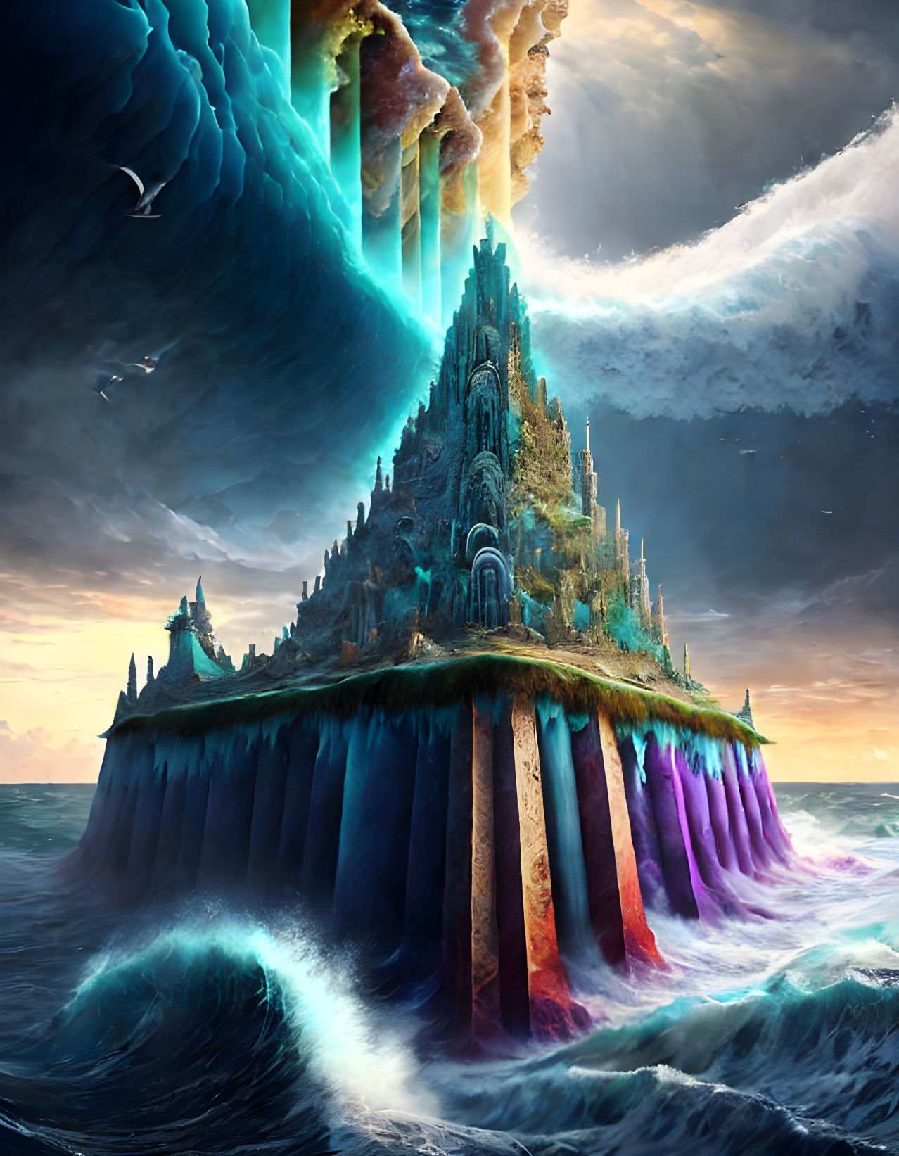 Fantastical island with towering castle, cascading waterfalls, turbulent seas, surreal sky.