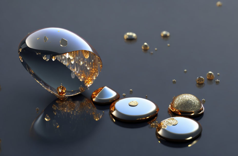 Shiny metallic pebbles and intricate golden droplet on reflective surface