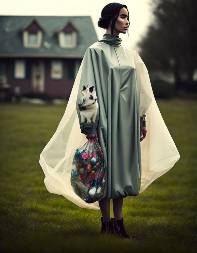 Stylish woman with cat in transparent bag in field by house