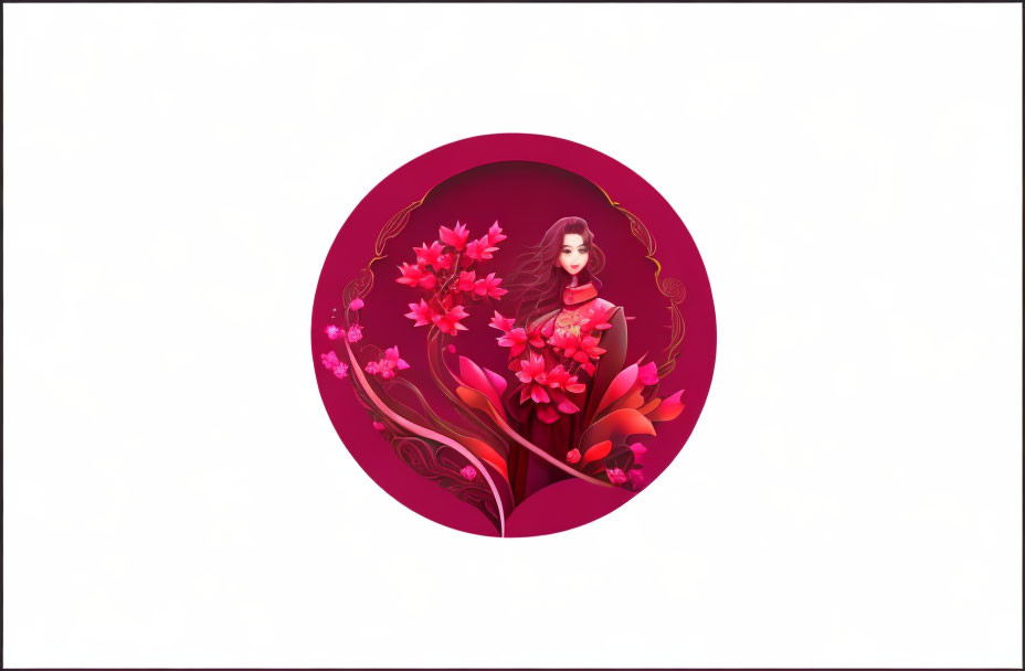 Illustration of woman with red and pink florals in circular frame