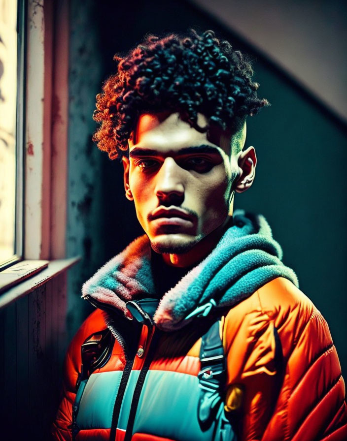 Young man in red and blue puffer jacket under dramatic lighting