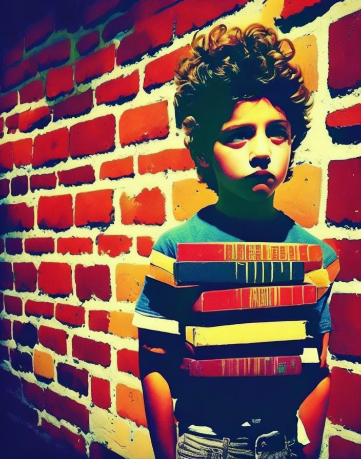Curly-Haired Child Balances Books Against Red Brick Wall