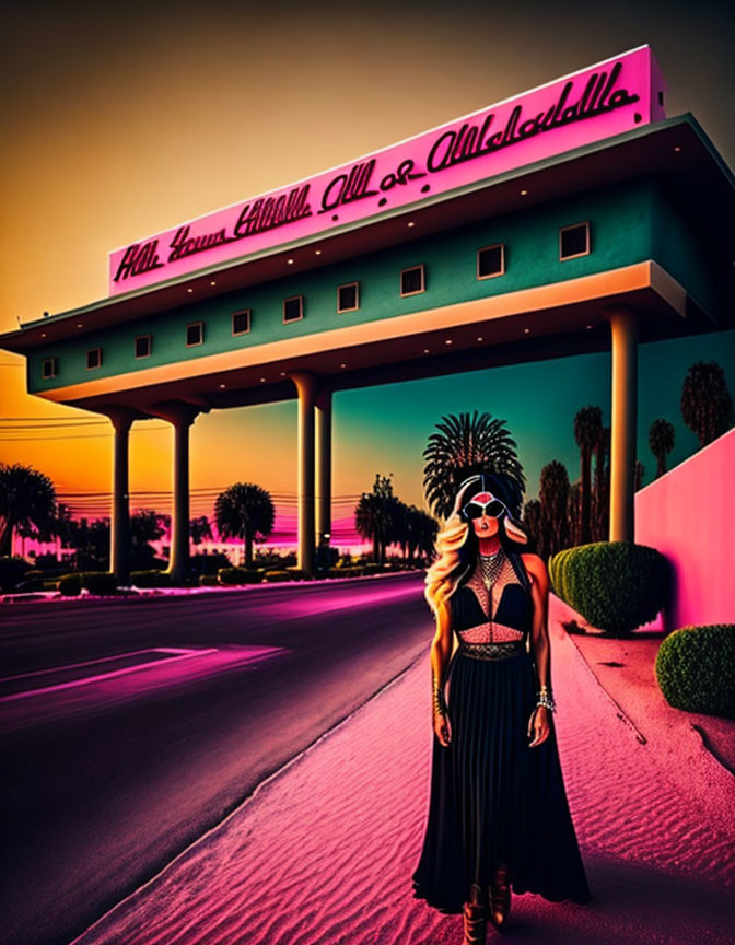 Stylish woman in black outfit and sunglasses at vibrant sunset motel