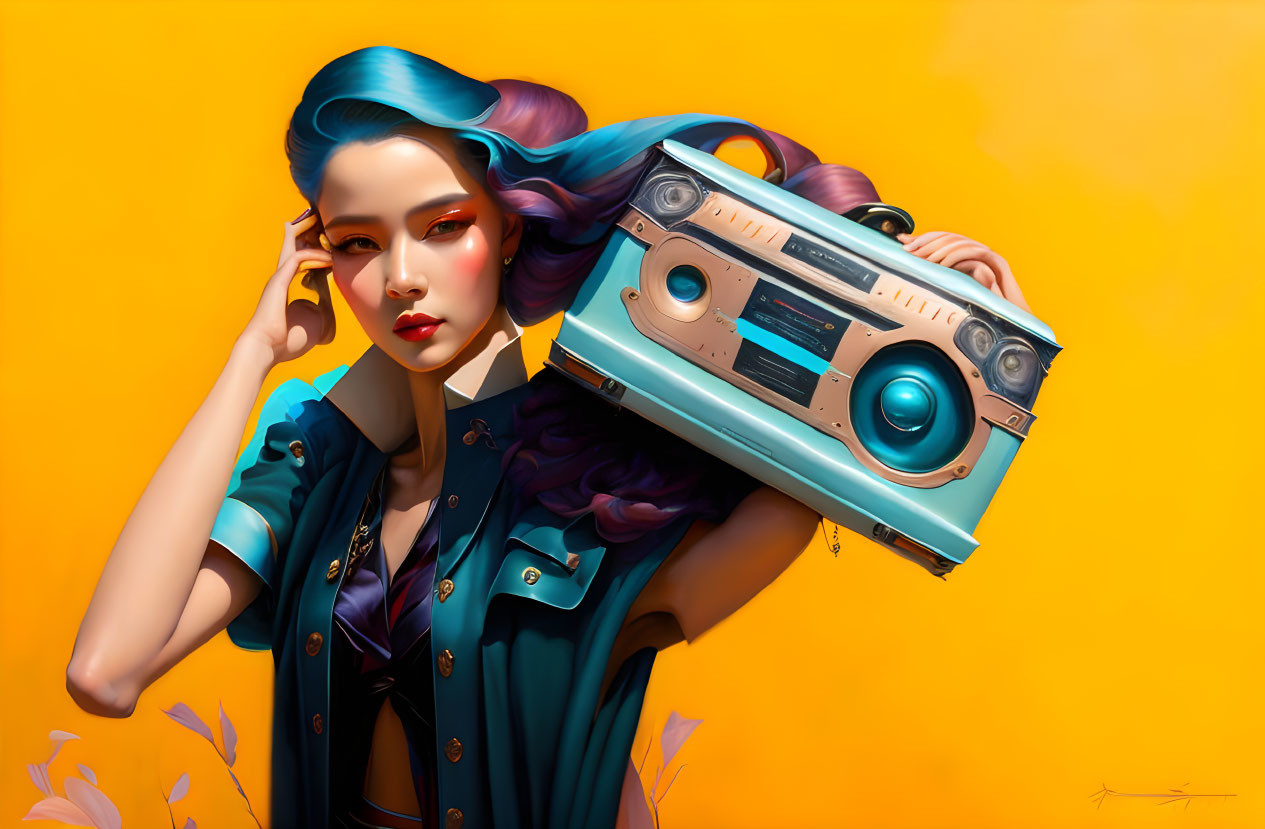Digital artwork: Woman with blue and purple hair holding retro boombox on vibrant orange background