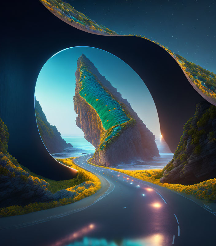 Surreal image of winding road to portal overlooking cliff at night