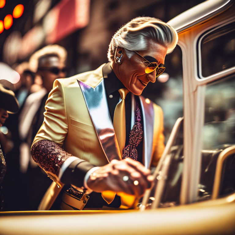 Fashionable man in unique suit and sunglasses exiting classic car in sunny street scene.