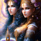 Ethereal women with elaborate hairstyles and gold jewelry in fantasy castle setting
