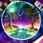 Circular landscape watercolor painting with geyser, trees, mountains, stars, and planets.