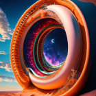 Surreal looping structure with galaxy in desert backdrop