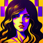 Colorful digital portrait of woman with wavy hair on geometric yellow and purple backdrop