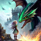 Young girl in medieval attire faces green dragon in misty landscape