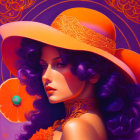 Purple-haired woman in orange hat against golden patterns