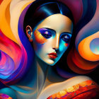 Vibrant Abstract Art: Woman with Flowing Shapes and Blue Eyeshadow