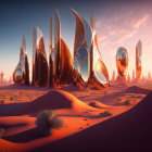 Sleek reflective structures in futuristic desert landscape