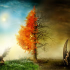 Surreal artwork: Dividing tree, contrasting seasons, bird, figure on bridge