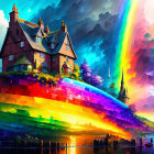 Colorful Rainbow Bridge Over Serene River in Vibrant Fantasy Landscape