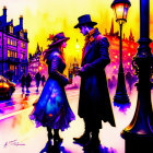 Stylized illustration: Couple holding hands in city at dusk