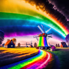 Colorful landscape with windmill, houses, rainbow, canal, and dramatic sky