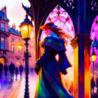 Colorful cityscape: Woman in vintage dress by lamp-post at dusk