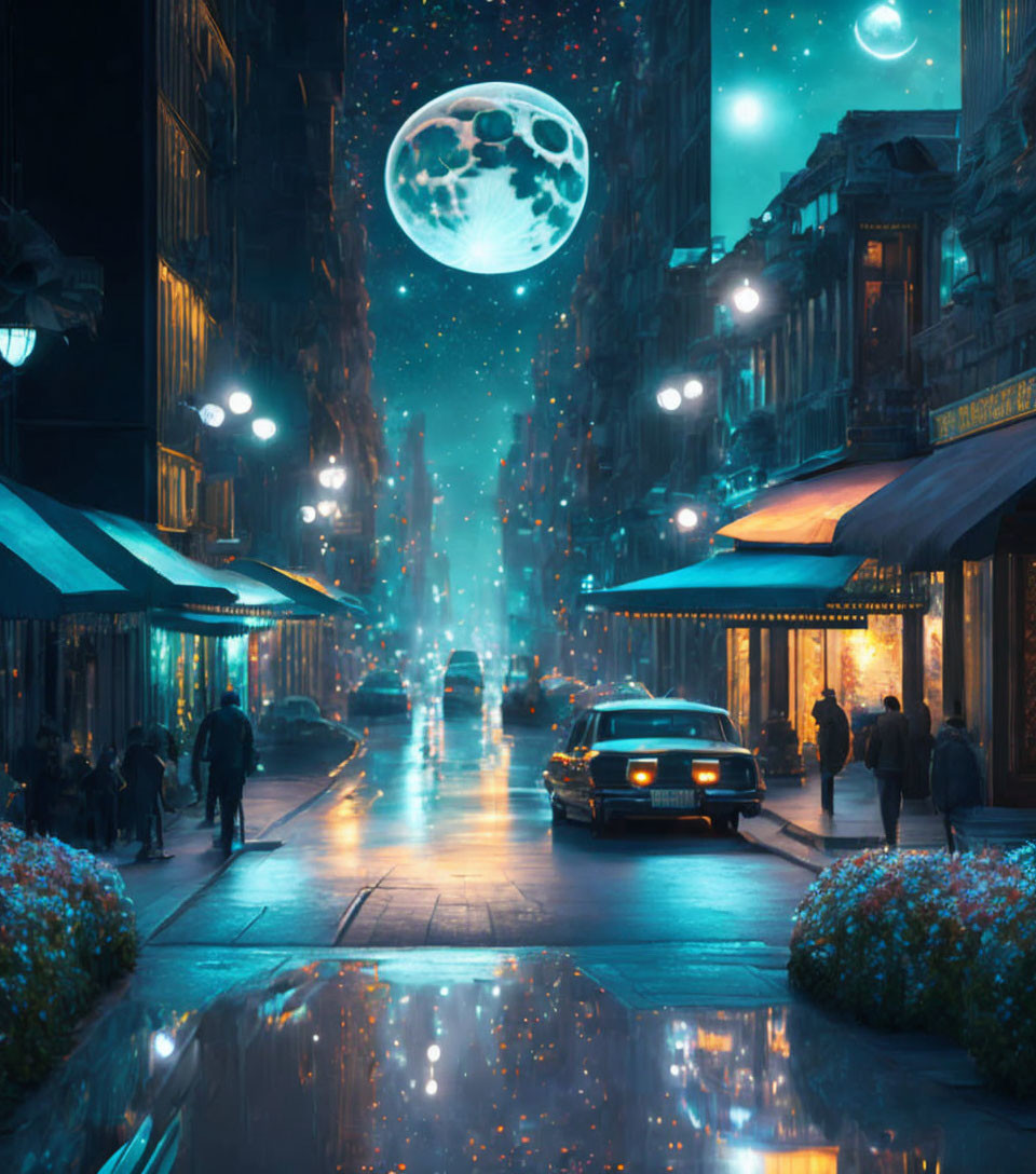 Futuristic city street at night with neon lights, pedestrians, classic car, and floating city under