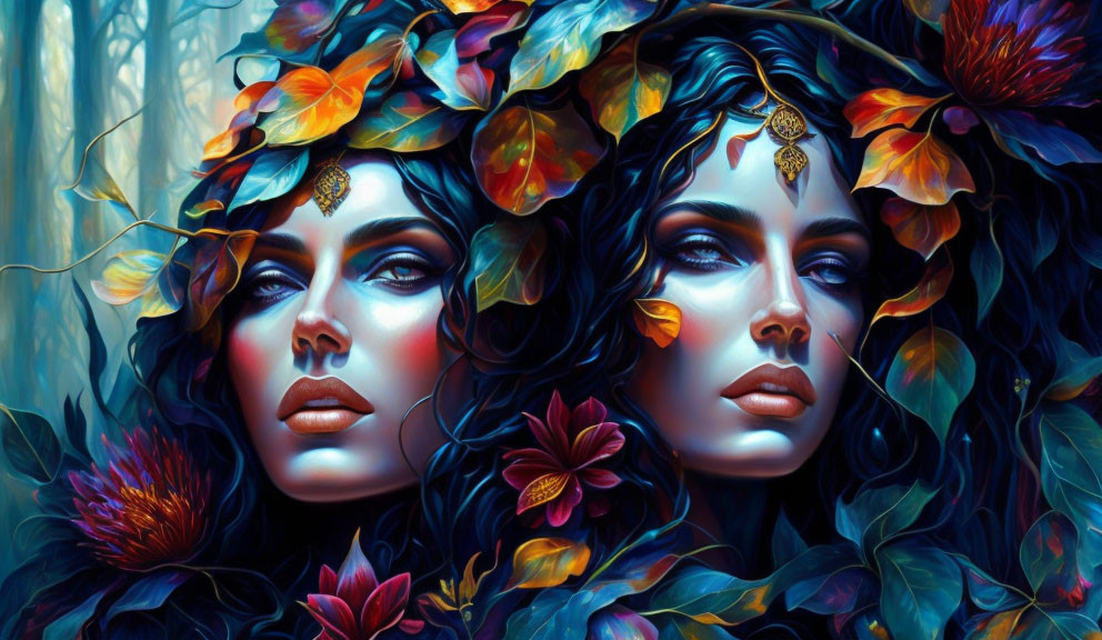 Mystical women with butterfly hair and jewel foreheads in vibrant foliage