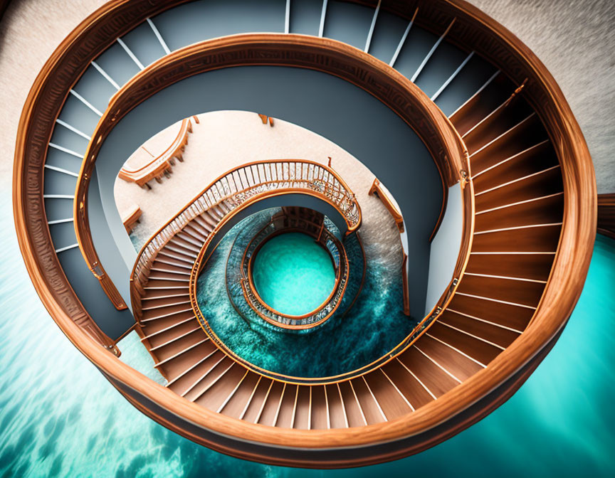 Spiral Staircase with Wooden Steps and Turquoise Floor