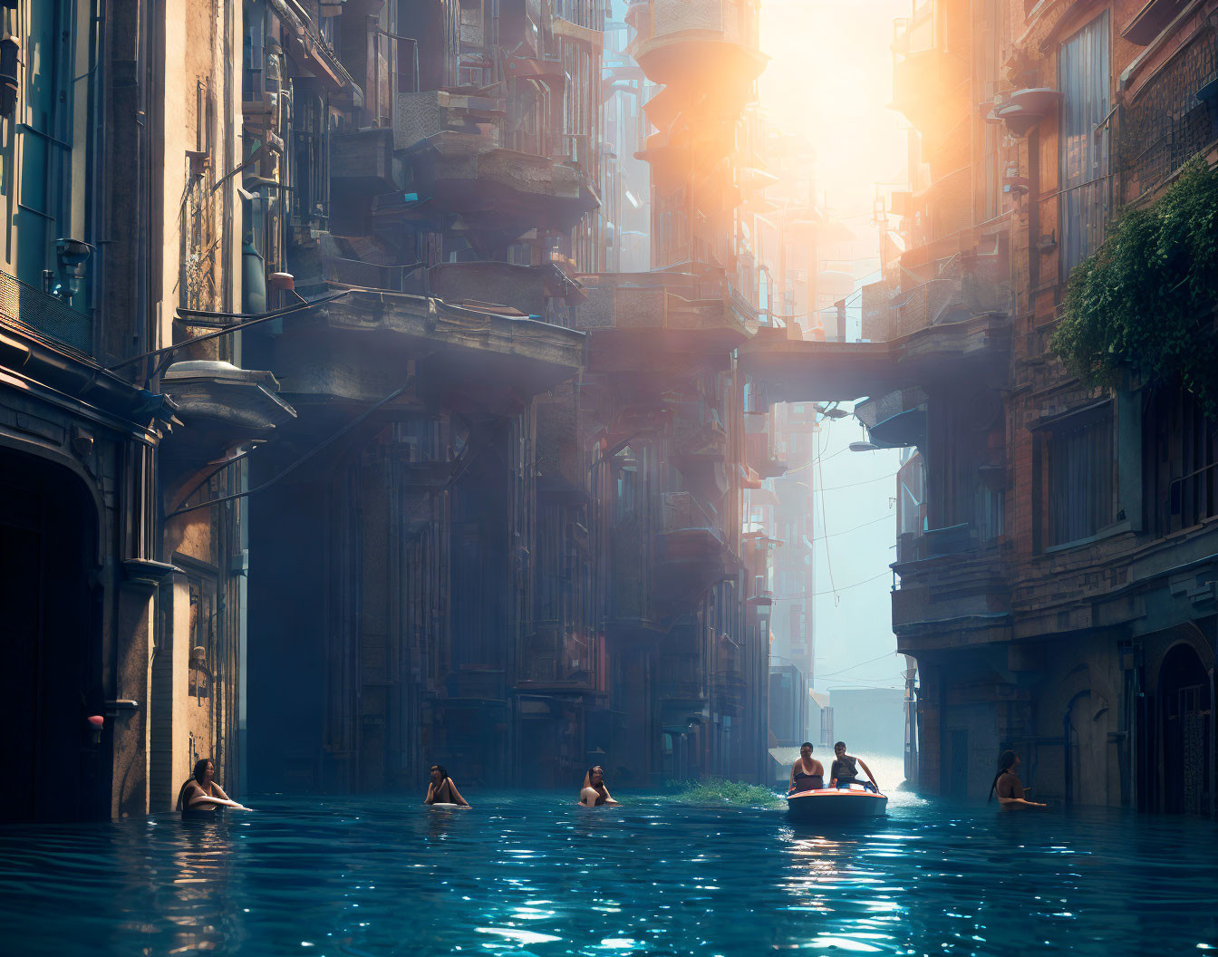 Sunlit Flooded Cityscape: People on Boats Amidst Buildings