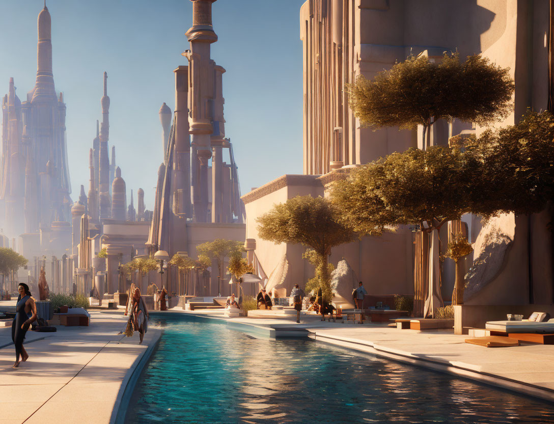 Futuristic cityscape with towering spires, water feature, people, and lush trees