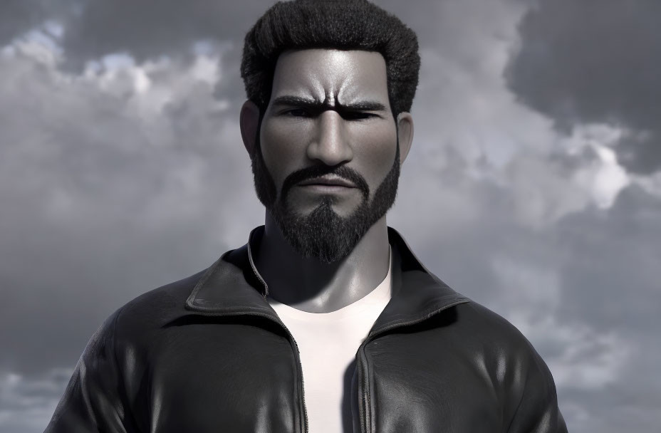 Stern man in leather jacket with dark hair and beard in 3D render