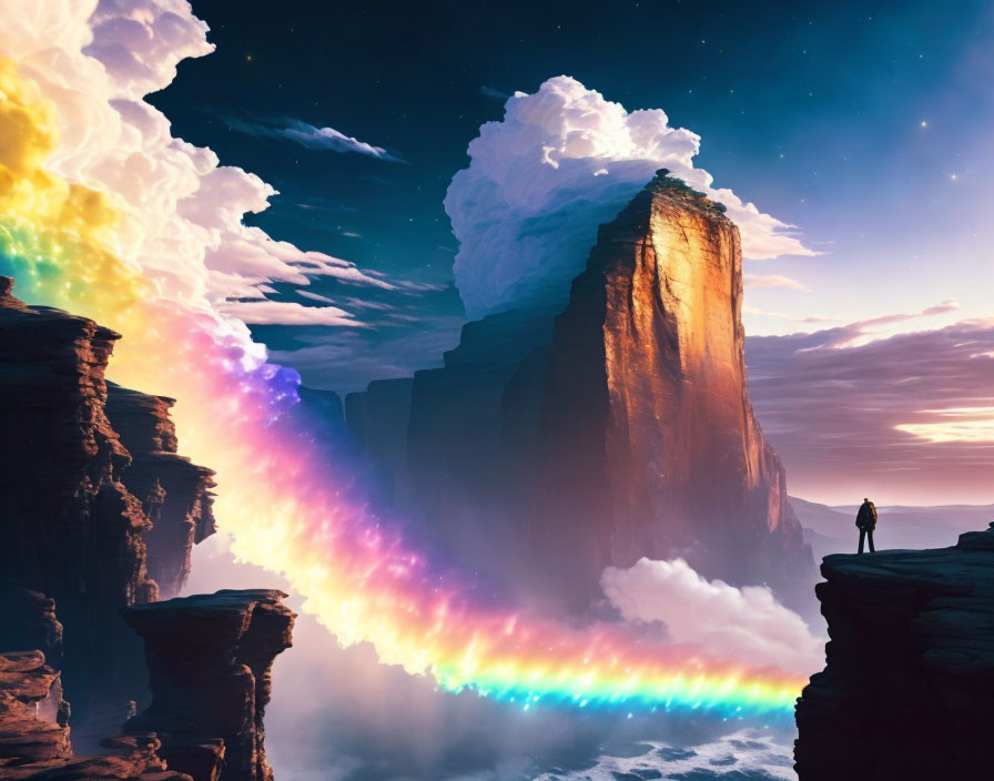 Person on precipice overlooking surreal landscape with rainbow clouds and dramatic sunset sky.