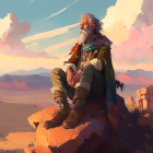 Bearded animated character on high rock in golden-lit fantasy landscape