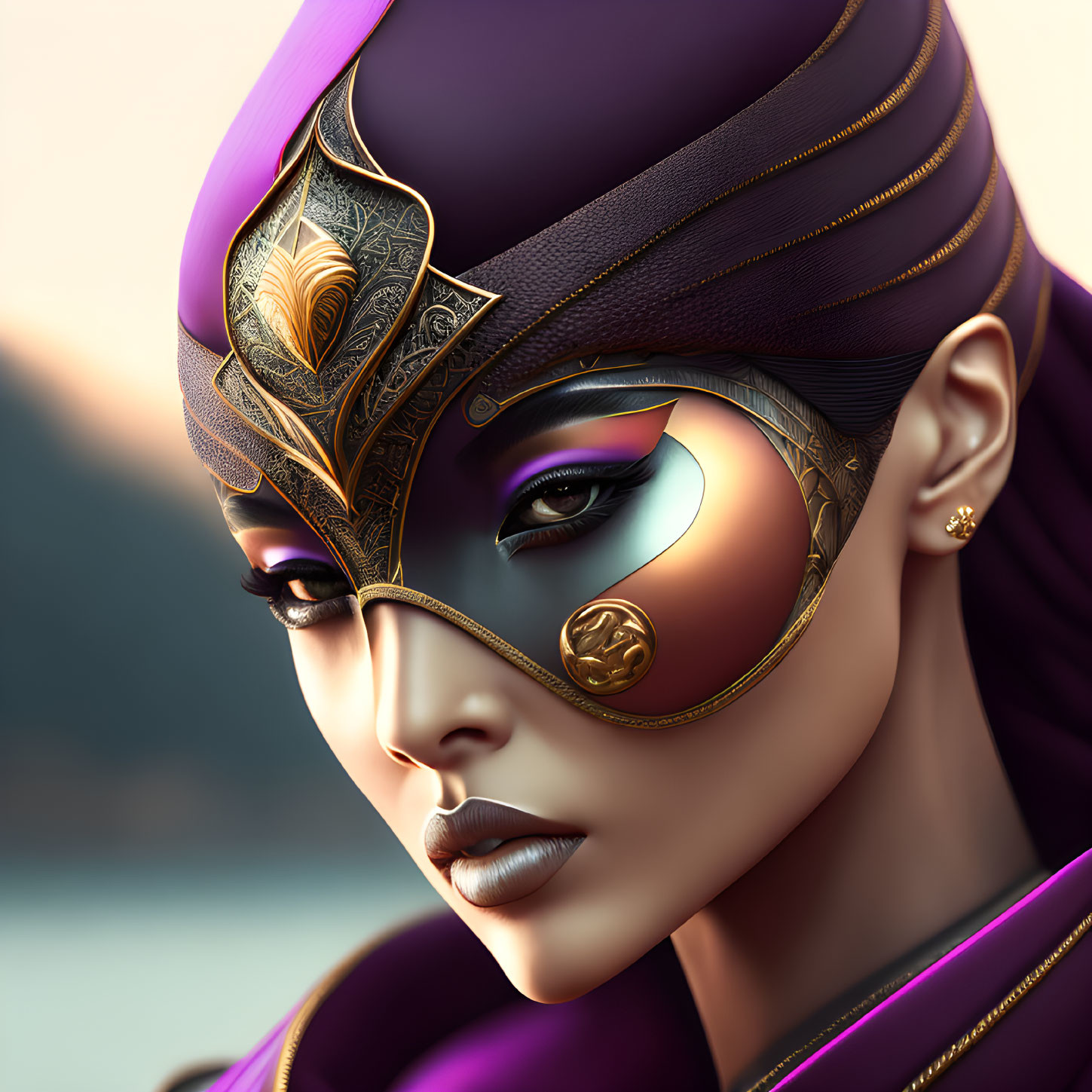 Detailed Digital Portrait of Woman in Gold and Purple Ornate Mask